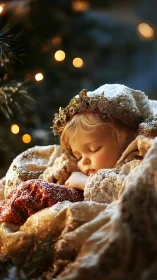 Snowy sleeping child glowing in soft golden holiday light.