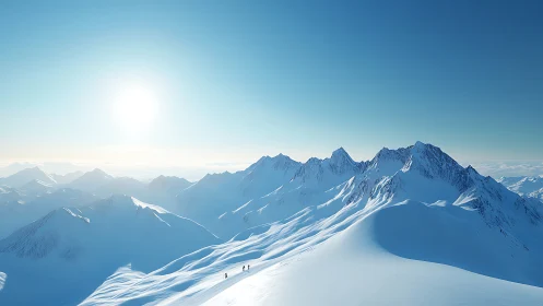 Snowbound climbers cross a sunlit ridge in silent alpine calm