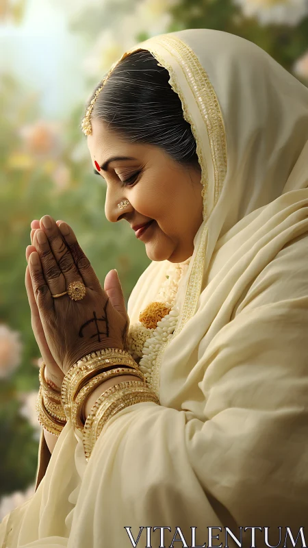 Graceful elder in ivory saree offering a quiet sunrise prayer.