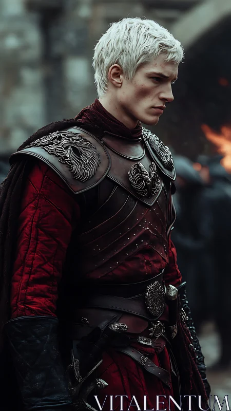 Silver haired knight in crimson armor amid embers