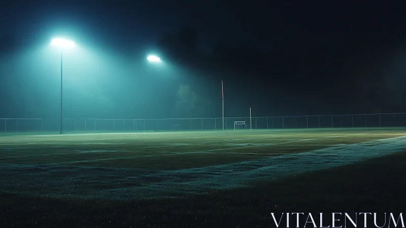 Empty football field under bright stadium lights at night.