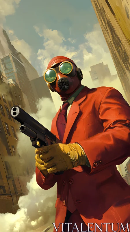 Gas-masked gunman stalks sunlit city canyons in red suit.