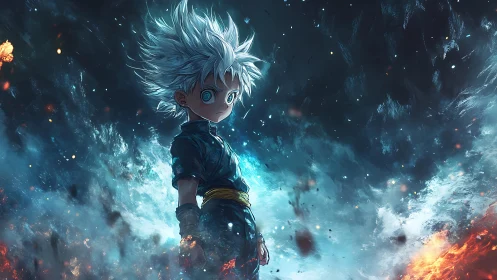 White haired anime boy stands in swirling blue firestorm