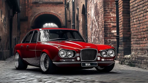 Red classic sedan is parked on cobblestone street between walls