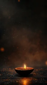 Single clay oil lamp with flame on dark, particle-filled background.