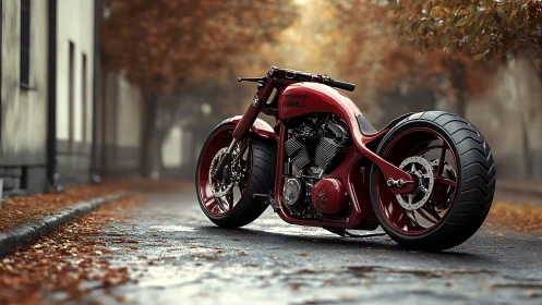 Custom red cruiser motorcycle on wet autumn street.