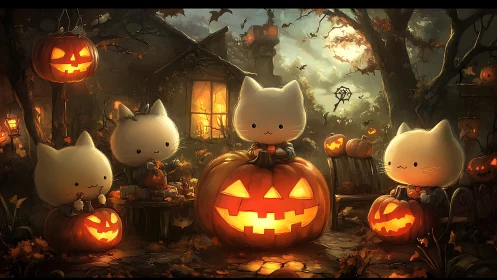 Digital rendering depicts anthropomorphic cats positioned with illuminated pumpkins in stylized envi