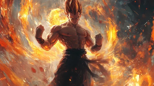 Dynamic anime warrior amid swirling inferno energy field.