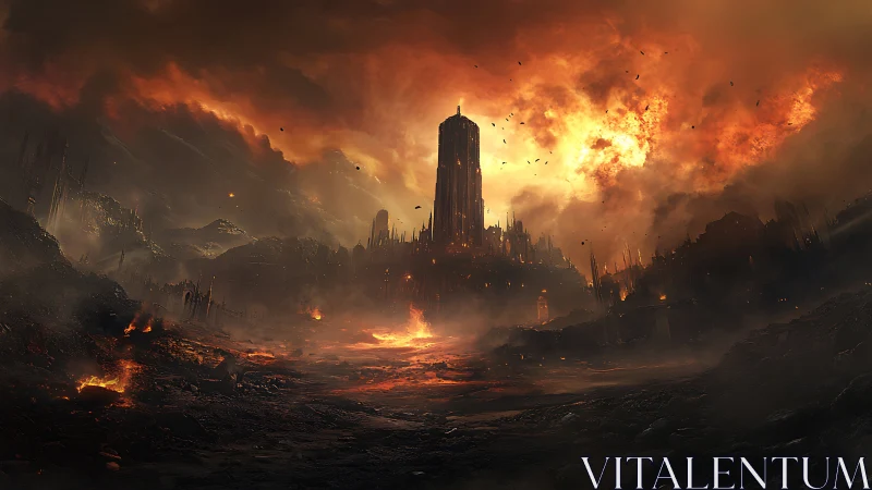 Dystopian cityscape rendered with architectural structures engulfed in flames