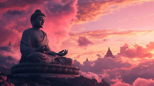 Serene Buddha statue above clouds at radiant pink sunset.