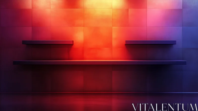 Radiant floating shelves glowing in warm sunset colors.