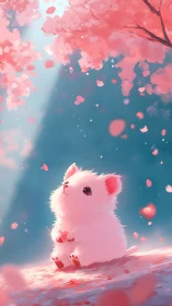 Digital painting of fluffy creature under luminous sakura canopy.