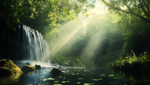 Photorealistic forest waterfall with volumetric light shafts.