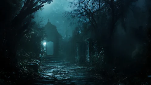 Moonlit stone mausoleum corridor renders cinematic horror atmosphere