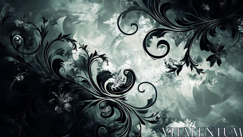 Stylized black floral vectors overlay diffuse teal background