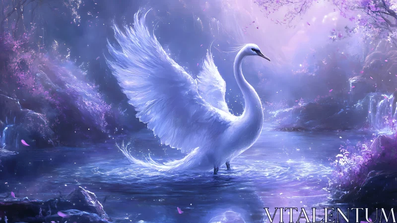 Iridescent swan extends wings in luminescent violet forest pond