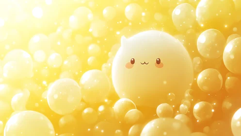 Smiling yellow blob drifts among glowing golden bubbles.