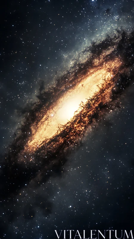 Luminous spiral galaxy core glows through dark dust bands.