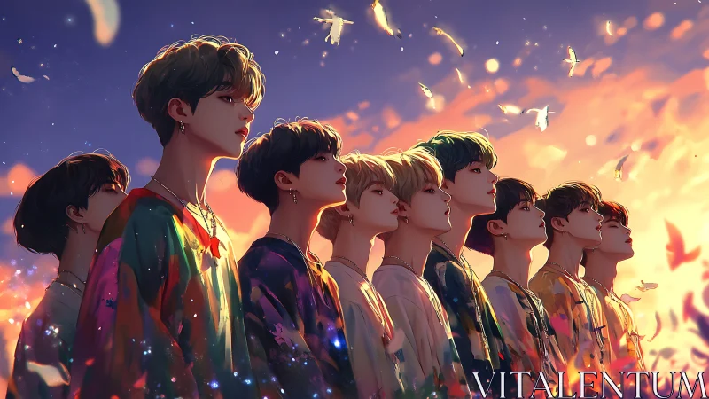 Row of stylized youths under dusk sky with flying birds.