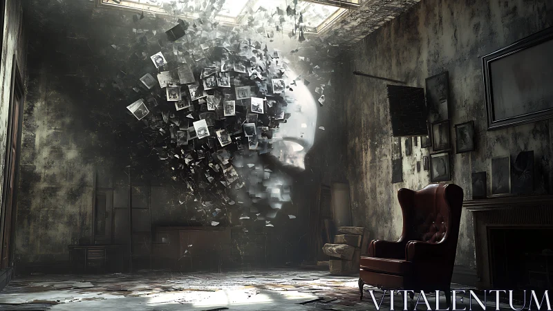 Fragmented memory skull in decayed vintage interior.