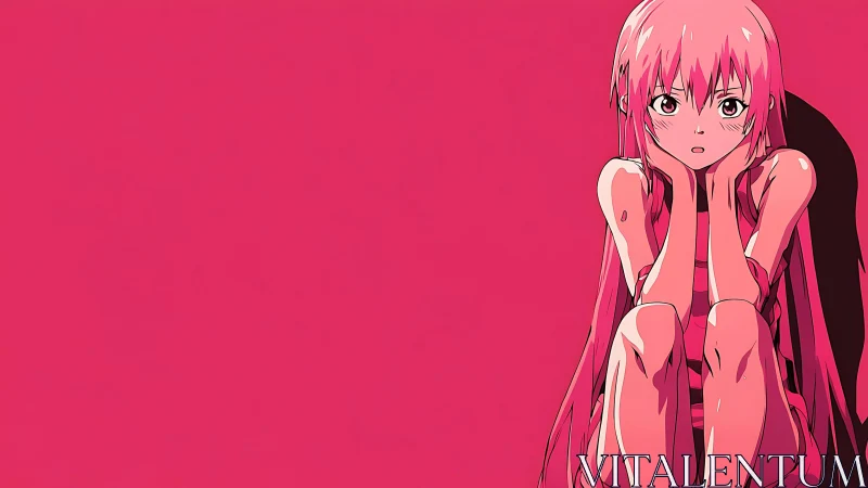 Pink haired anime girl sits curled up against solid background