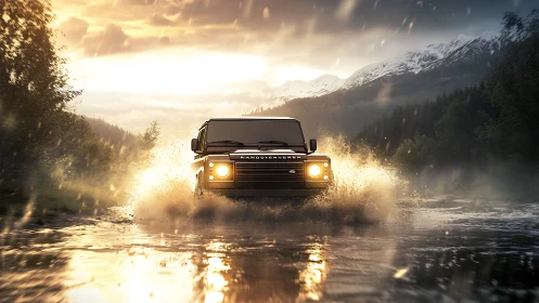 All-terrain utility vehicle traversing reflective alpine ford.