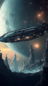 Massive starship glides above alien spire city and gas giant