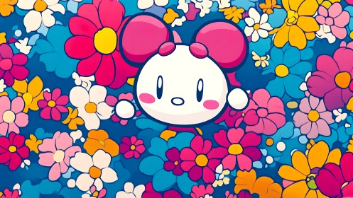 Kawaii mascot head with oversized bow immersed in floral field.