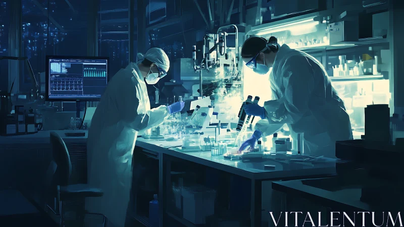 Scientists in high tech lab conduct focused research work.