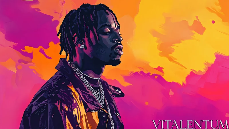 Digital portrait of man with chains on vivid gradient backdrop.