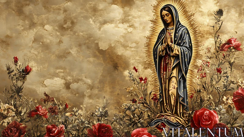 Golden serenity with a praying figure amid blooming roses.