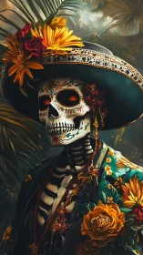 Floral sugar skull skeleton in ornate hat portrait.