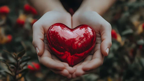 Red heart held in cupped hands against garden background.
