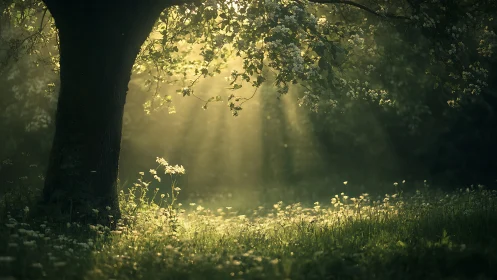Tranquil Sunlit Forest Scene with Blooming Tree and Soft Focus.