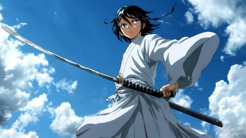 Anime swordsman in white robe under partly cloudy sky.