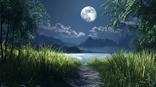 Lunar-illuminated lakeside corridor with layered alpine silhouettes.