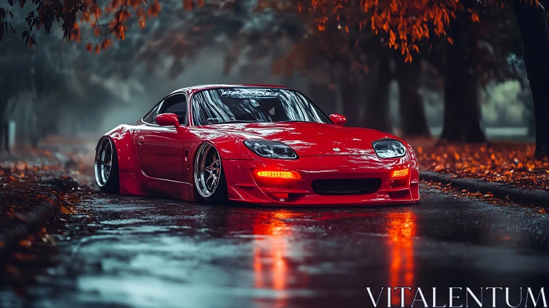 Red stance sports coupe on wet autumn tree-lined street.