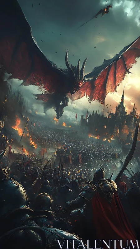 Epic fantasy battlefield with dragon-dominated aerial siege scene.