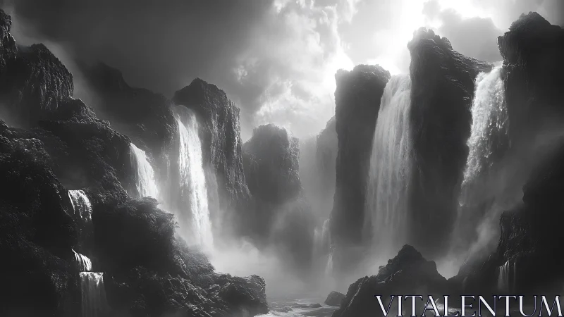 Monochrome cliffs channel storm-lit cascading waterfalls.