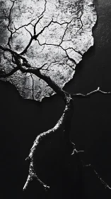 Cracked earth quietly blossoms into a single reaching branch