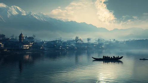Boat crosses misty lake below snowcapped mountain town at dawn