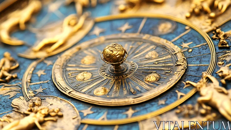 Golden astronomical dial with zodiac reliefs is shown in detail