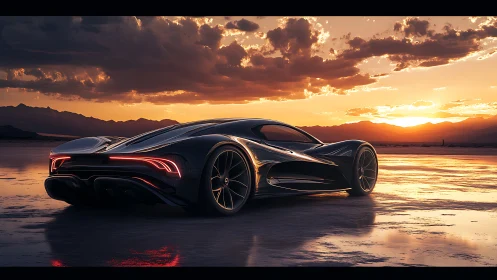 Aerodynamic hypercar silhouette on reflective salt flats at dusk.