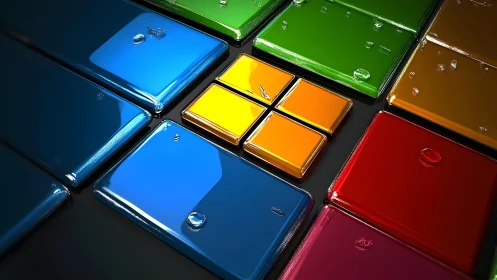 Glossy 3D Abstract Tiles in Primary Colors with Water Droplets.