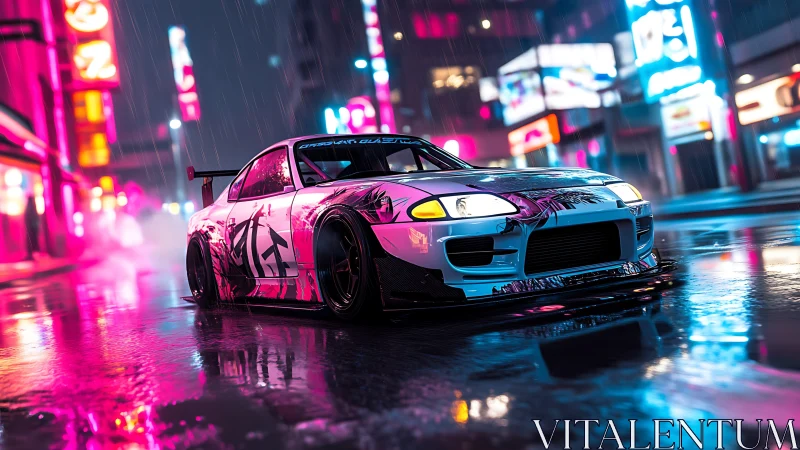 Neon street racer gliding through rainy city lights at night.