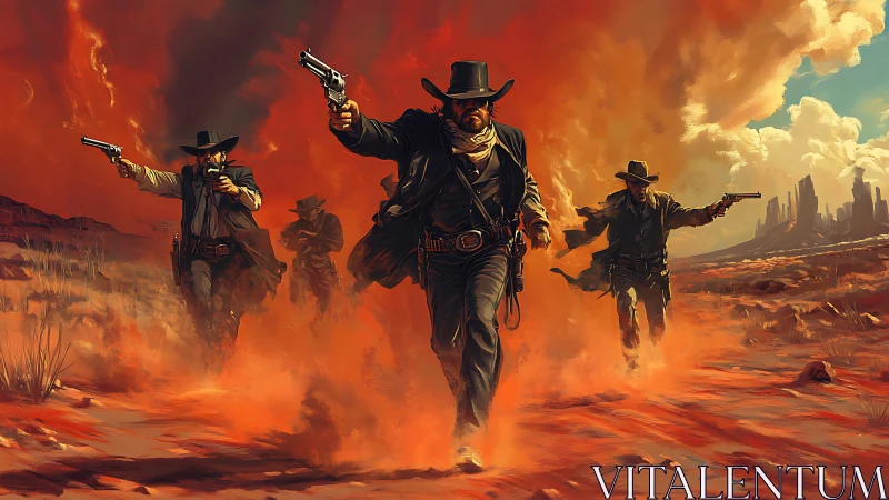Cowboys run through desert dust clouds with drawn revolvers