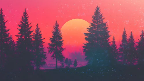 Neon gradient sunset behind silhouetted conifer forestscape.
