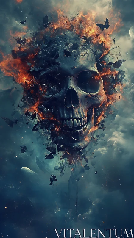 Flaming skull dissolving into smoke, ash and butterflies.