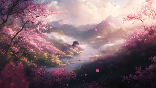 Serene river valley with cherry blossoms and distant shrine.