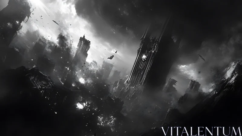 Monochrome post-apocalyptic megastructures in tilted ruinscape.